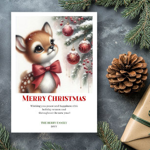 Cartão De Festividades Cena Clássica de Inverno com Fawn Bebê em Aquarela