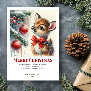 Cartão De Festividades Cena Clássica de Inverno com Fawn Bebê em Aquarela