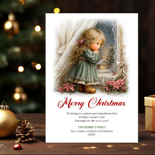 Cartão De Festividades Cena Clássica de Natal de Menina Pequena e Fofa Cu