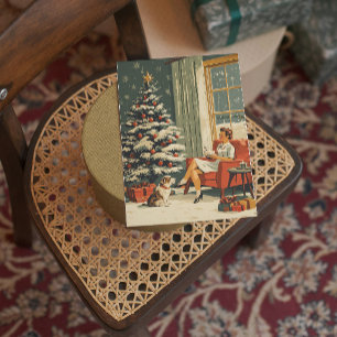 Cartão De Festividades Cena Clássica de Natal Mulher Cachorro Árvore Deco