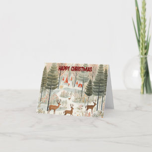 Cartão De Festividades Cena da floresta nórdica de Natal com renas.