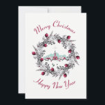 Cartão De Festividades Cena da igreja do inverno do vintage com grinalda<br><div class="desc">Um cartão de Natal com uma imagem digital de uma ilustração pintada de uma igreja e de um steeple vermelhos. Uma estrela do Natal que brilha em cima. Famílias para fora na chegada dianteira para uma missa. Cobrir de neve do inverno a terra e os restos em pinheiros espessos bonitos....</div>