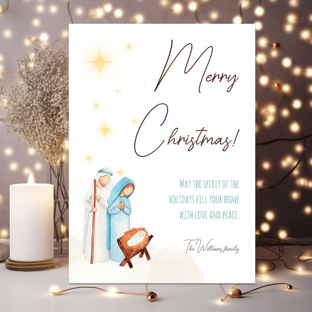 Cartão De Festividades Cena da Natividade Moderna com o Bebê Jesus (Cute nativity Christmas card with baby Jesus and personalized text)