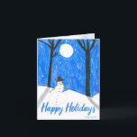 Cartão De Festividades Cena da Noite de Snowman por Teagan<br><div class="desc">Este cartão mostra a arte original de Teagan,  um sobrevivente de câncer de infância. As receitas destas compras vão para Amigos de Crianças com Cancer. Saiba mais em friendsofkids.org ou ligue para 314.275.7440.</div>