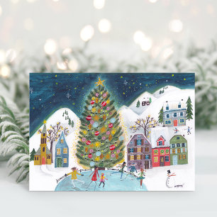 Cartão De Festividades Cena de Aldeia de Casa de Inverno Fofa Natal
