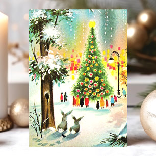 Cartão De Festividades Cena de Árvore de Natal de Coelhinhos da Neve Vint