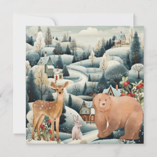 Cartão De Festividades Cena de Inverno com Animais da Floresta Natalino P