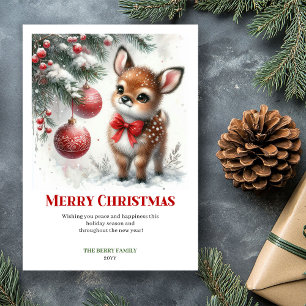 Cartão De Festividades Cena de Inverno com Cervo Bebê Festivo em Aquarela