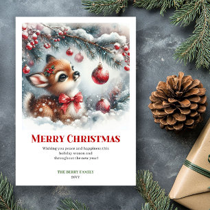 Cartão De Festividades Cena de Inverno com Fawn Bebê Festivo Aquarela Nat