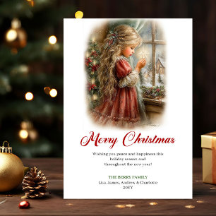 Cartão De Festividades Cena de Inverno Menina Pequena e Fofa Feliz Natal