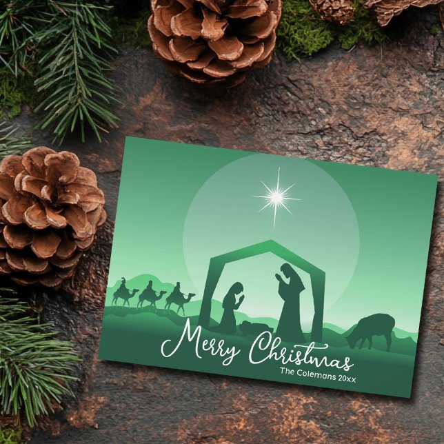 Cartão De Festividades Cena de Natal Alegre Verde Religiosa (Criador carregado)