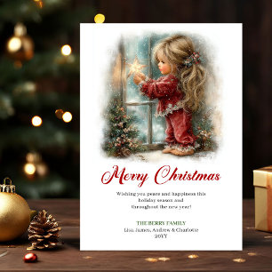 Cartão De Festividades Cena de Natal com Menina Pequena Adorável e Fofa S
