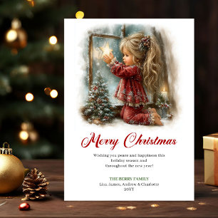 Cartão De Festividades Cena de Natal de Menina Fofa Sonhadora Saudação