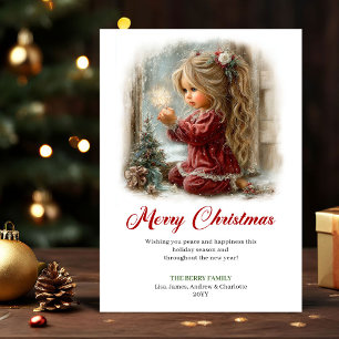 Cartão De Festividades Cena de Natal de Menina Pequena Fofa e Caprichosa