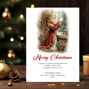 Cartão De Festividades Cena de Natal de Menina Pequena Fofa Mágica Feriad
