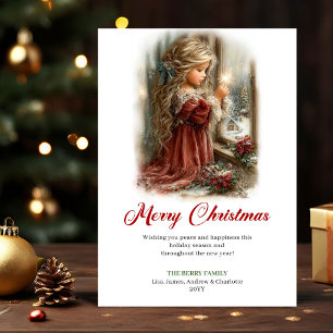 Cartão De Festividades Cena de Natal de Menina Simpática e Rústica Cumpri