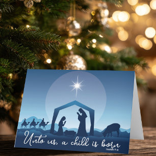 Cartão De Festividades Cena de Natal Religiosa Azul