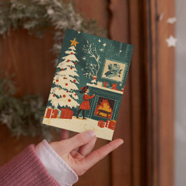 Cartão De Festividades Cena de Natal Retro com Lareira e Criança