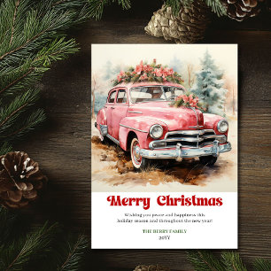 Cartão De Festividades Cena de Natal rústica vintage com arte de carro ro