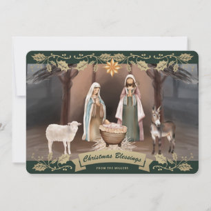 Cartão De Festividades Cena de Natal Verde Elegante Cena de Natal Cristã