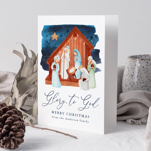 Cartão De Festividades Cena de Natividade de Aquarela Glória a Deus Não F (Criador carregado)