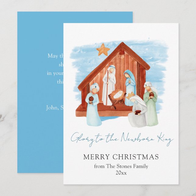 Cartão De Festividades Cena de Natividade em Aquarela Glória ao Rei Recém (Frente/Verso)