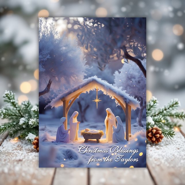 Cartão De Festividades Cena de Natividade Neve Natal Natal Cristão (Snowy Nativity scene Christmas card featuring Mary, Joseph, and Baby Jesus under the Star)