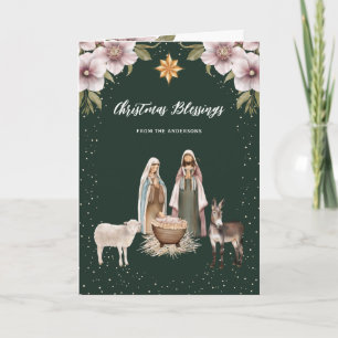 Cartão De Festividades Cena de Natividade Religiosa Verde Cristã