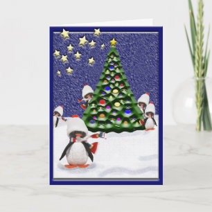 Cartão De Festividades Cena de Neve da Árvore de Natal Bonita e Pinguim