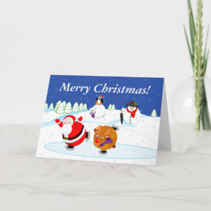 Cartão De Festividades Cena de neve do Papai Noel e patinação de gelo R