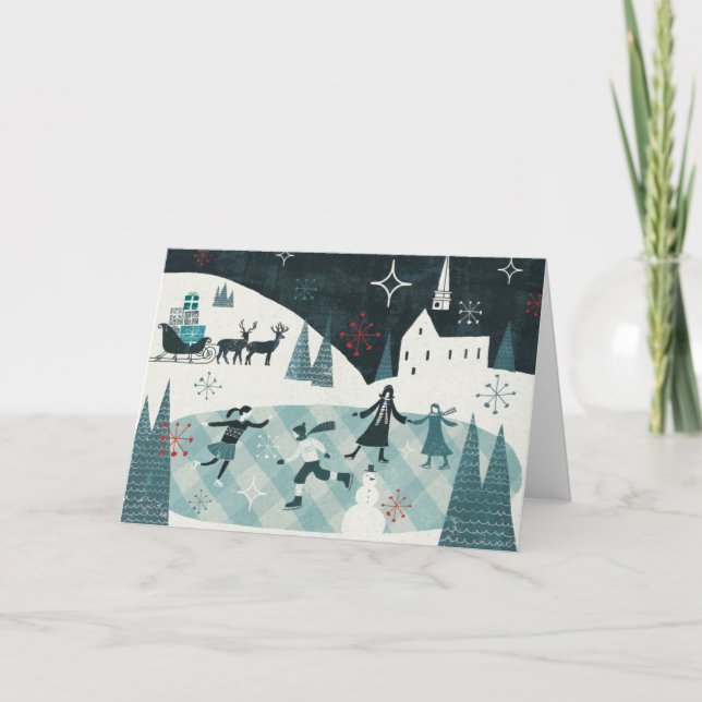 Cartão De Festividades Cena de patinagem alegre de Christmastime (Frente)