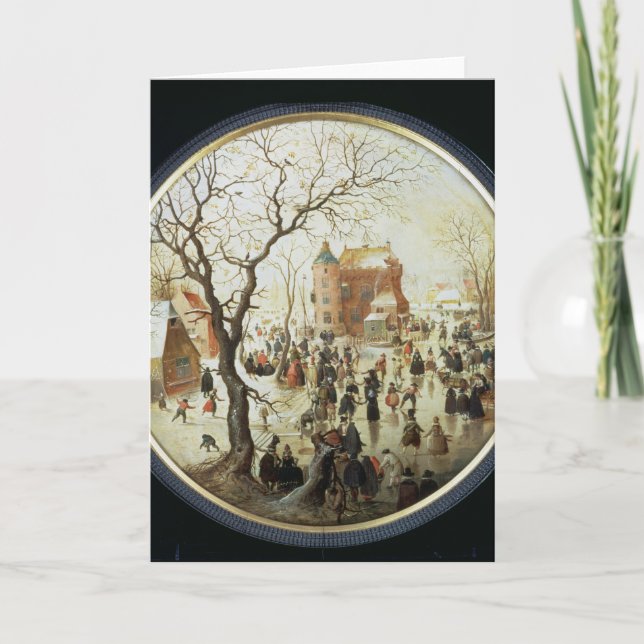 Cartão De Festividades Cena do inverno com patinadores perto de um (Frente)