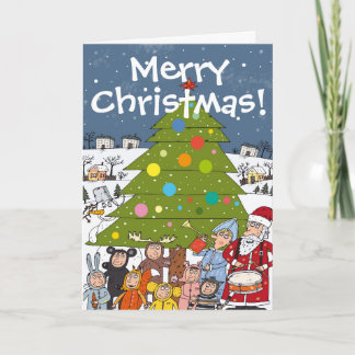 Cartão De Festividades Cena Festiva de Natal Caótico em Torno da Árvore
