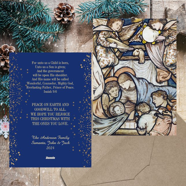 Cartão De Festividades Cena Natal da Criatividade Cristã Moderna Católica (Christmas Nativity Scene Religious Christian Catholic Elegant Blue Modern Holiday Card)