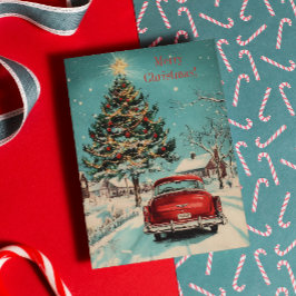 Cartão De Festividades Cena Retro de Carro Clássico de Natal e Árvore Fes