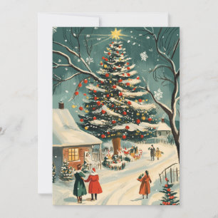 Cartão De Festividades Cena Retro de Vila de Natal com Árvore