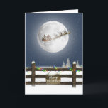 Cartão De Festividades Cerca De Natal Com Papais noeis E Rebelde Na Lua<br><div class="desc">Cerca de madeira com Sinal de Natal Feliz e Luzes de Férias e Papai Noel com renas na Lua de cheio</div>