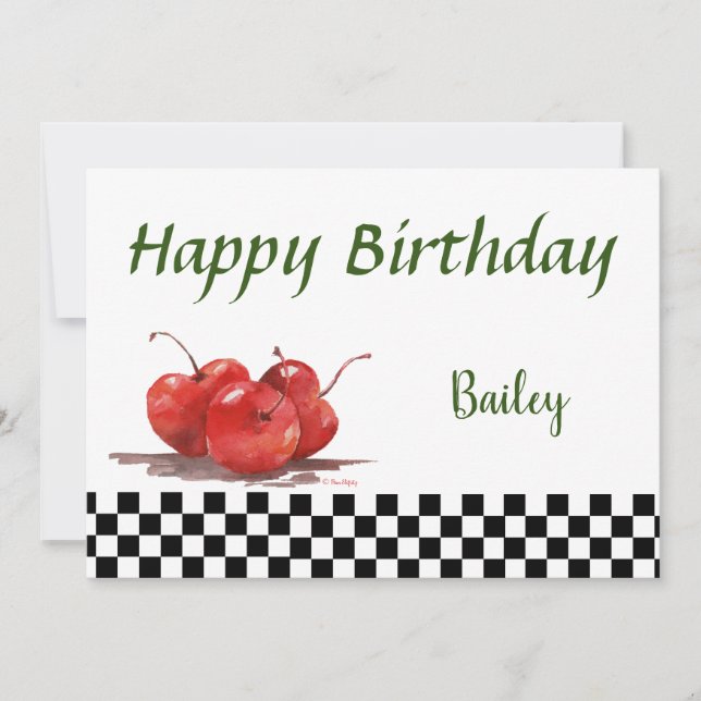 Cartão De Festividades Cerejas Vermelhas Brilhantes em uma Tablecloth Ver (Frente)