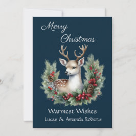 Cartão De Festividades Cervo Pacífico, com Grinalda de Azevinho, em Azul