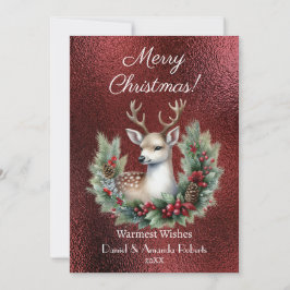 Cartão De Festividades Cervo Pacífico com Grinalda, Textura Vermelha Fals