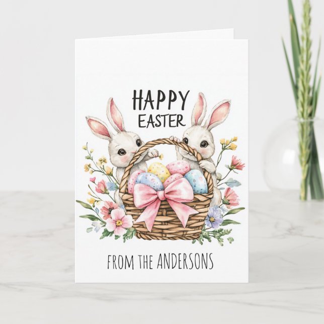 Cartão De Festividades Cesta cheia de ovos e dois coelhos (Frente)