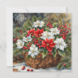 Cartão De Festividades Cesta de Natal com Flores de Poinsettia, Frutas