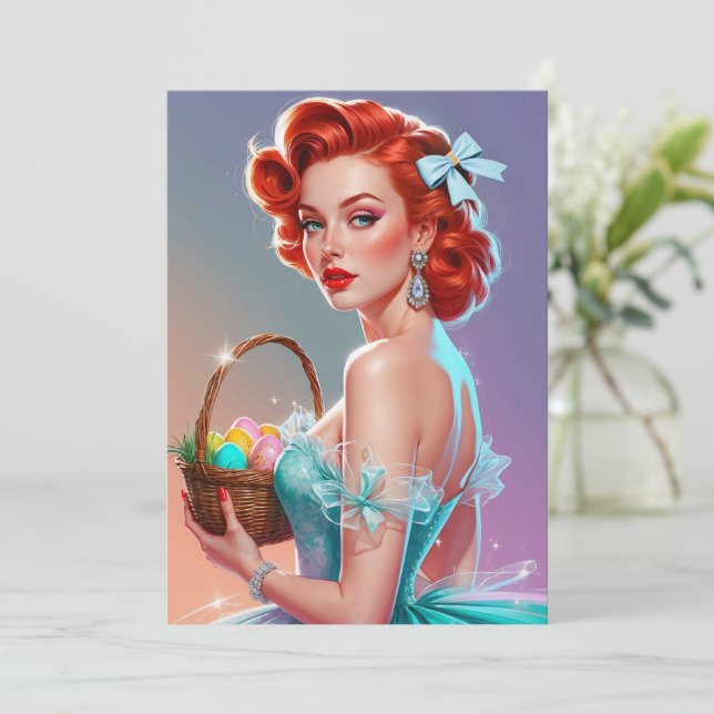 Cartão De Festividades Cesta de Páscoa de Prendedor de Roupa Ruiva (Em pé/Frente)