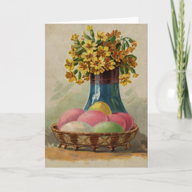 Cartão De Festividades Cesta de Páscoa Ovos Flores Antigo (Frente)