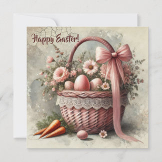 Cartão De Festividades Cesta rustica de safra com ovos pastéis e cenouras