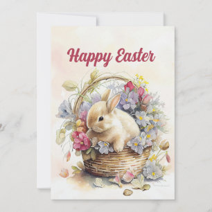 Cartão De Festividades Cesto de Coelhinho Branco Vintage Flores Feliz Pás