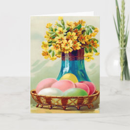 Cartão De Festividades Cesto de Páscoa Ovos Coloridos Vaso Margaridas