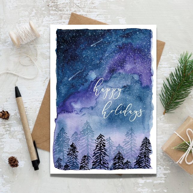 Cartão De Festividades Céu em Aquarela e Floresta | Feliz Natal |  (Watercolor sky Christmas Sky, Happy Holidays)