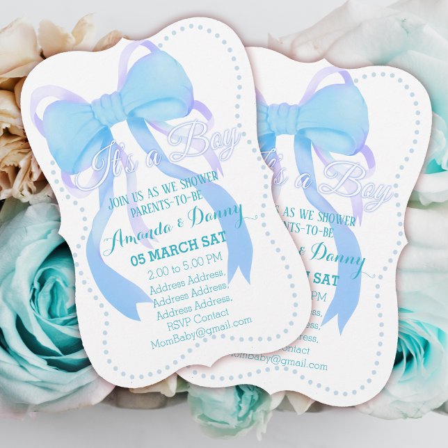 Cartão De Festividades Chá de Bebê Azul (Blue Ribbon Baby Shower Invitation Card.)