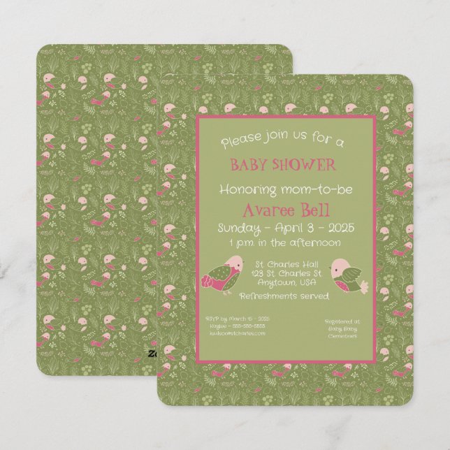 Cartão De Festividades Chá de Bebê de Pássaros Verdes e Rosa (Frente/Verso)